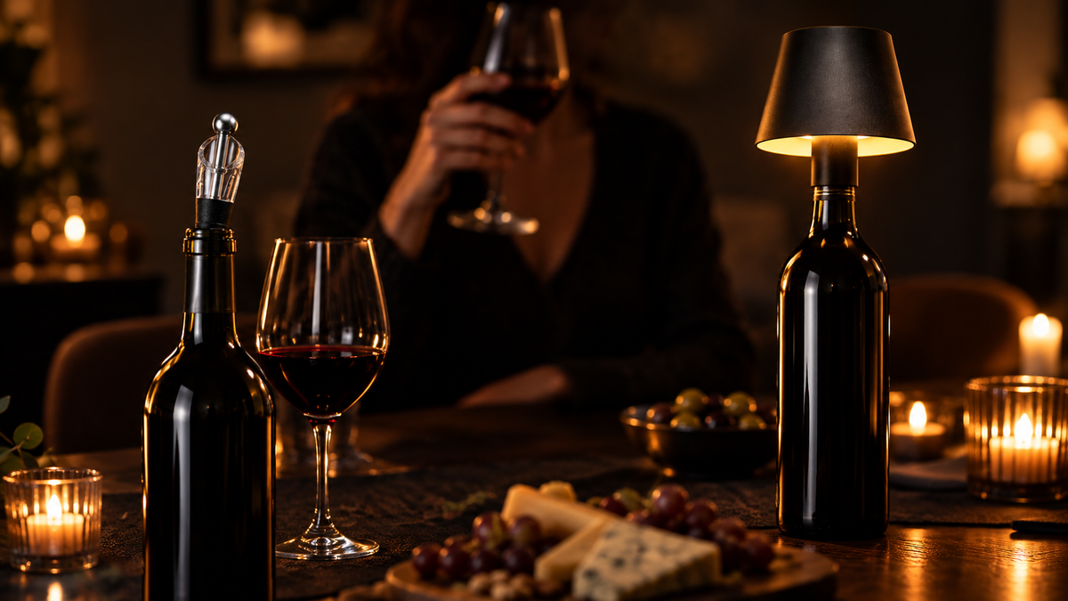 Cena en casa con el enfriador Glacio y la lampara BottleLight sobre la mesa