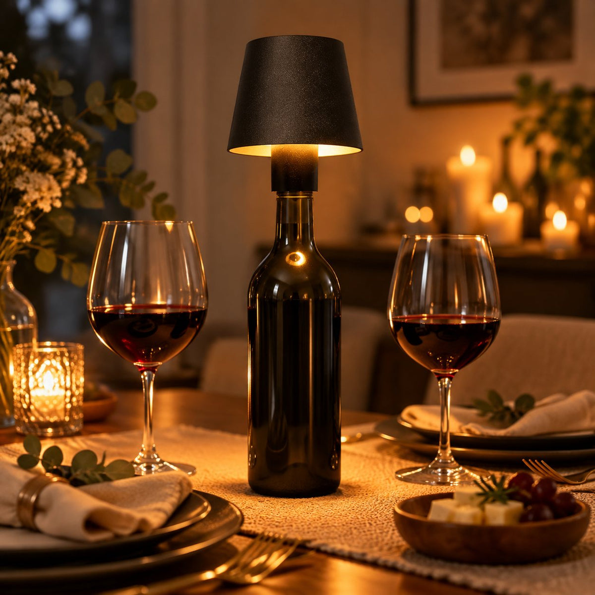 Lámpara LED para botella en una cena con ambiente cálido