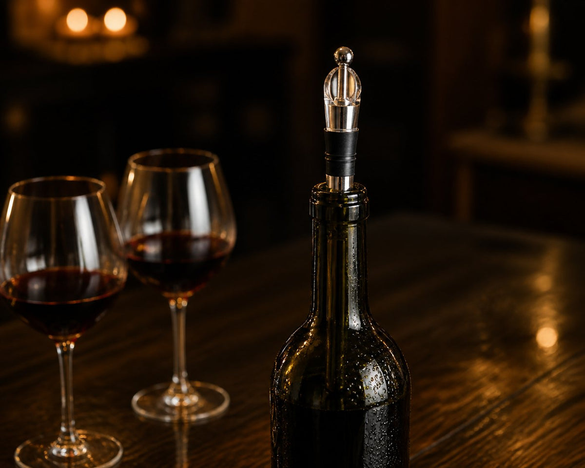 Glacio insertado en una botella de vino con copas de fondo